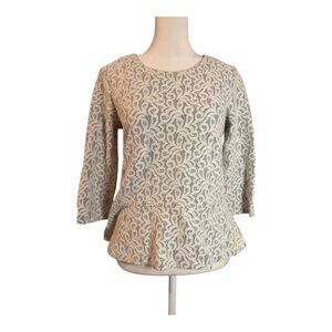 J. Crew Gray with White Lace 3/4 length sleeve peplum top